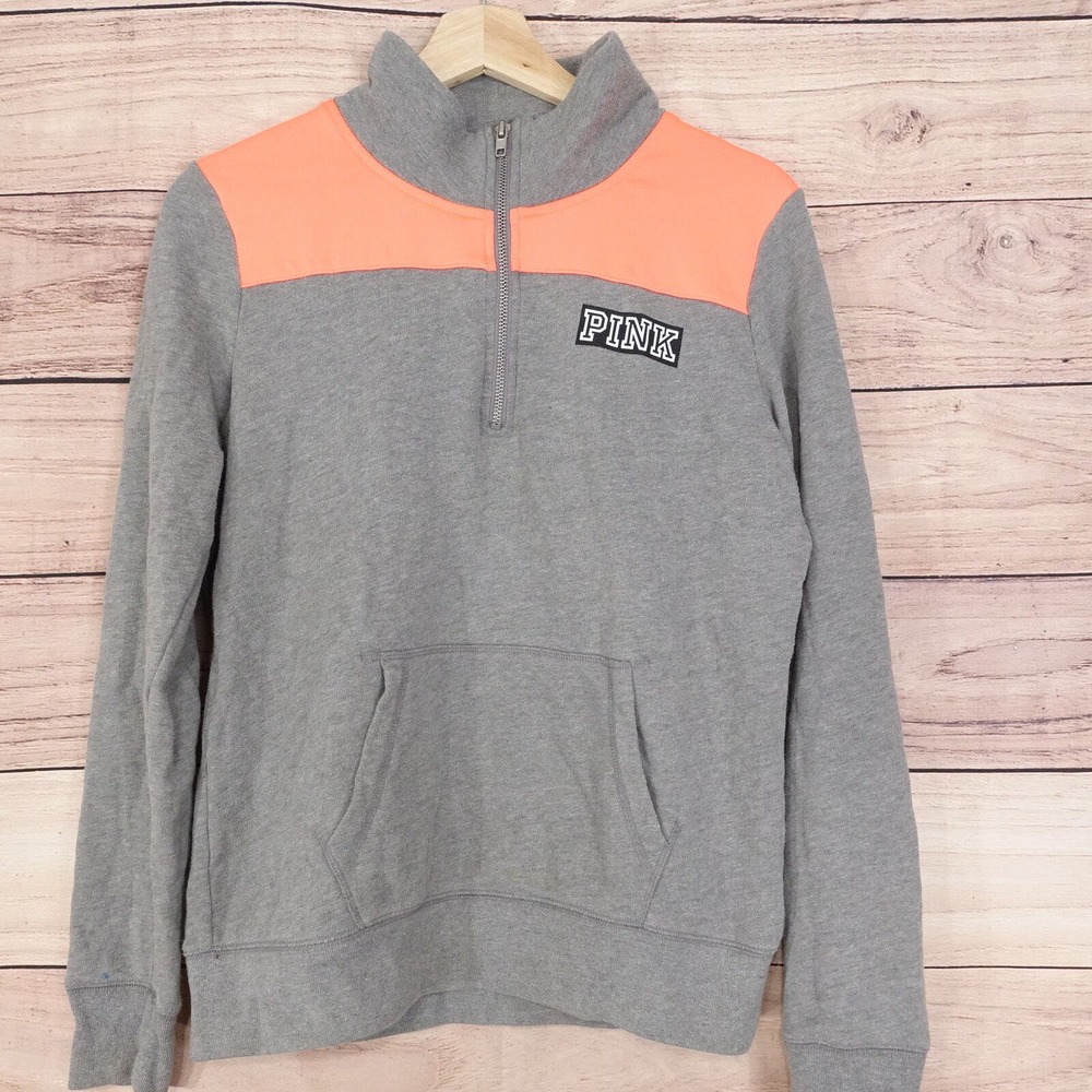 PINK VICTORIA'S SECRET GREY ORANGE 1/4 ZIP PULLOVER‎ SWEATSHIRT SWEATER WOMENS S